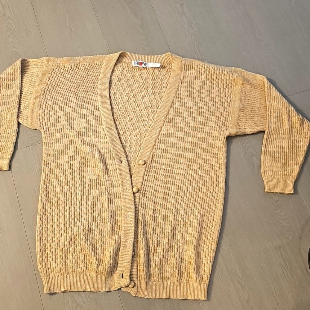Gold and Tan Cardigan with Long Sleeves and Textured Knit